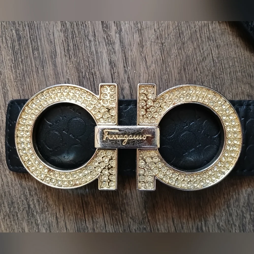 Salvatore Ferragamo Gold Tone Rhinestone Embellished Gancini Belt Buckle.